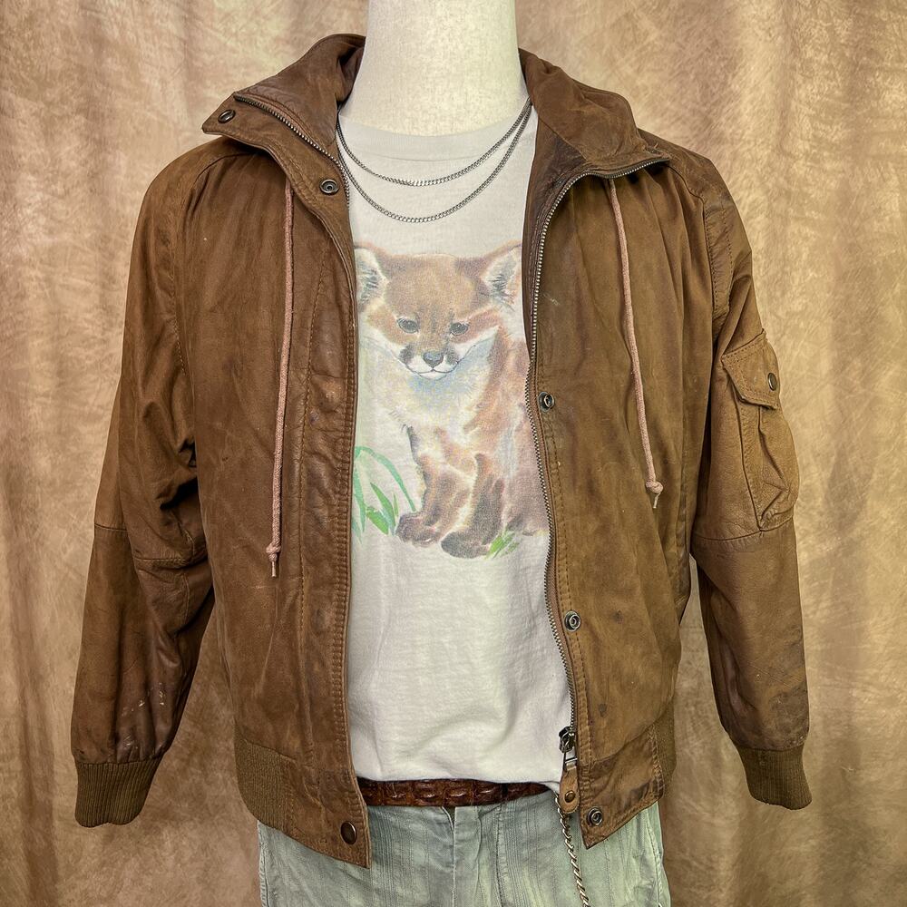 Vintage Leather Bomber Jacket Brown Zip Up Coat Long Sleeve IZZI 80s Outdoor